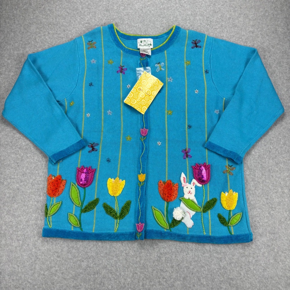 Vintage Quacker Factory Cardigan Women 1X Blue Bunny Tulip Beaded Sequin Spring
